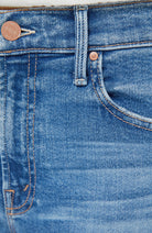 Close-up of blue denim jeans with stitching details
