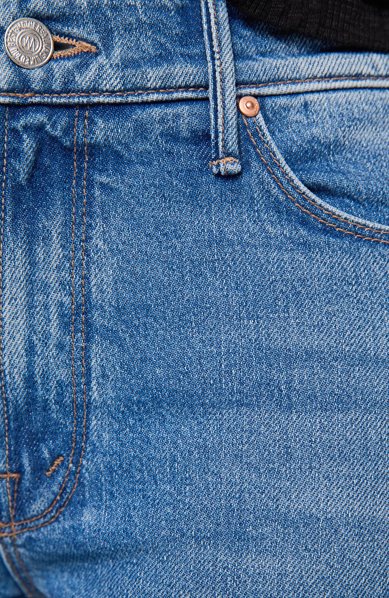 Close-up of blue denim jeans showing the front pocket, belt loop, rivet, and part of the button area.