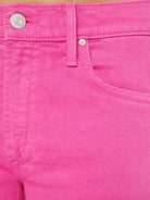 Close-up of bright pink denim fabric with a button and zipper.
