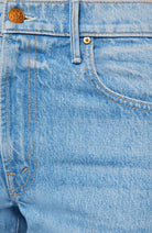 Close-up of blue denim jeans with stitching details