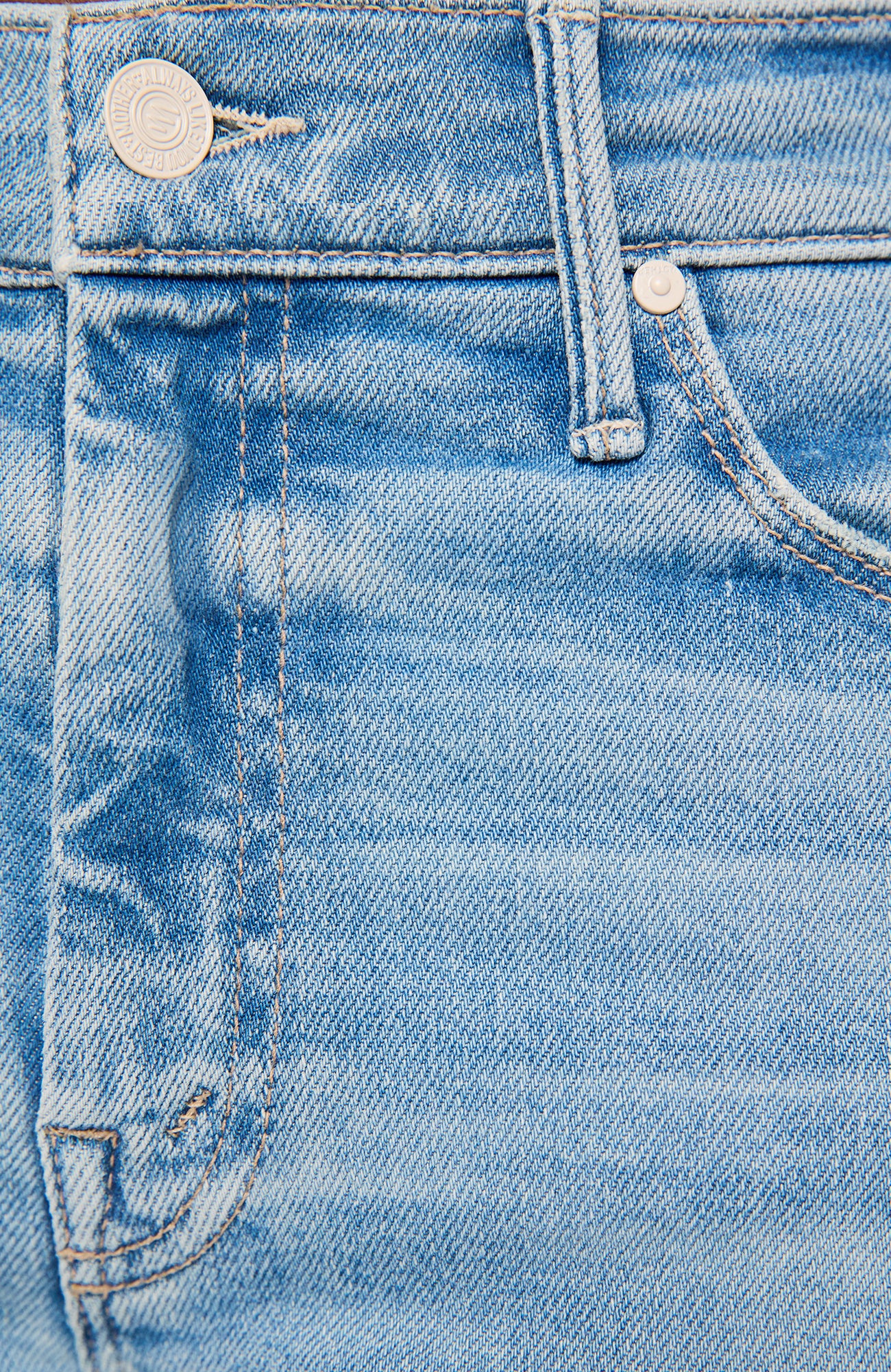 Close-up of light blue denim jeans showing the waistband, belt loops, button, stitching, and part of the front pocket.