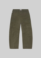 Green cargo pants on a light gray background