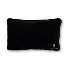 Black pillow with a brand logo on a white background