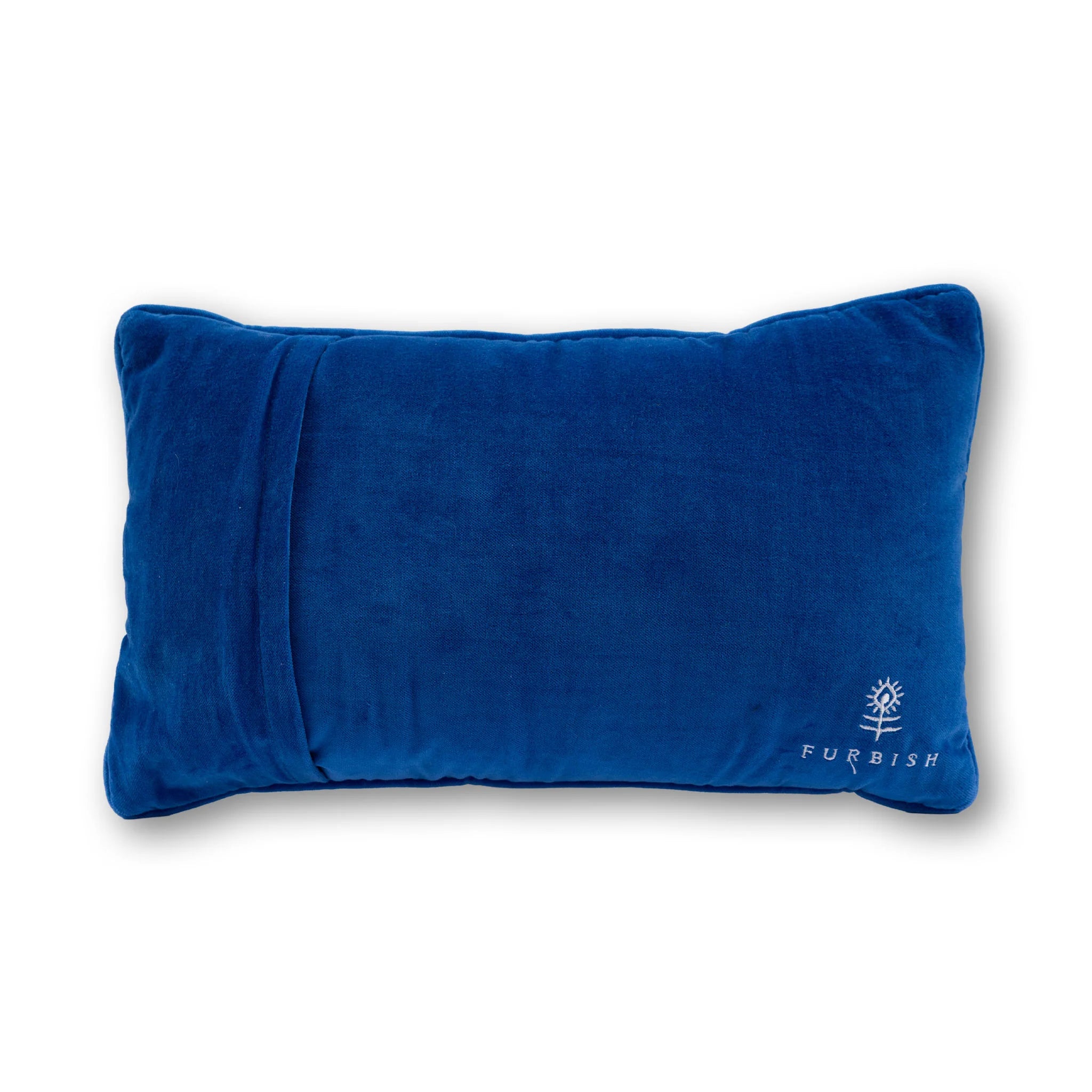 Blue pillow with 'Furbish' branding on a white background