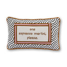 Decorative pillow with zebra pattern and text 'one espresso martini, please.' on a white background