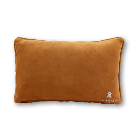 Brown pillow with a brand logo on a white background