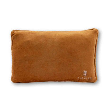 Brown pillow with a brand logo on a white background