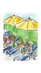 A watercolor-style illustration of three women relaxing on blue lounge chairs under yellow umbrellas beside a green wall.