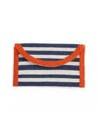 Striped clutch bag with orange handle on a white background