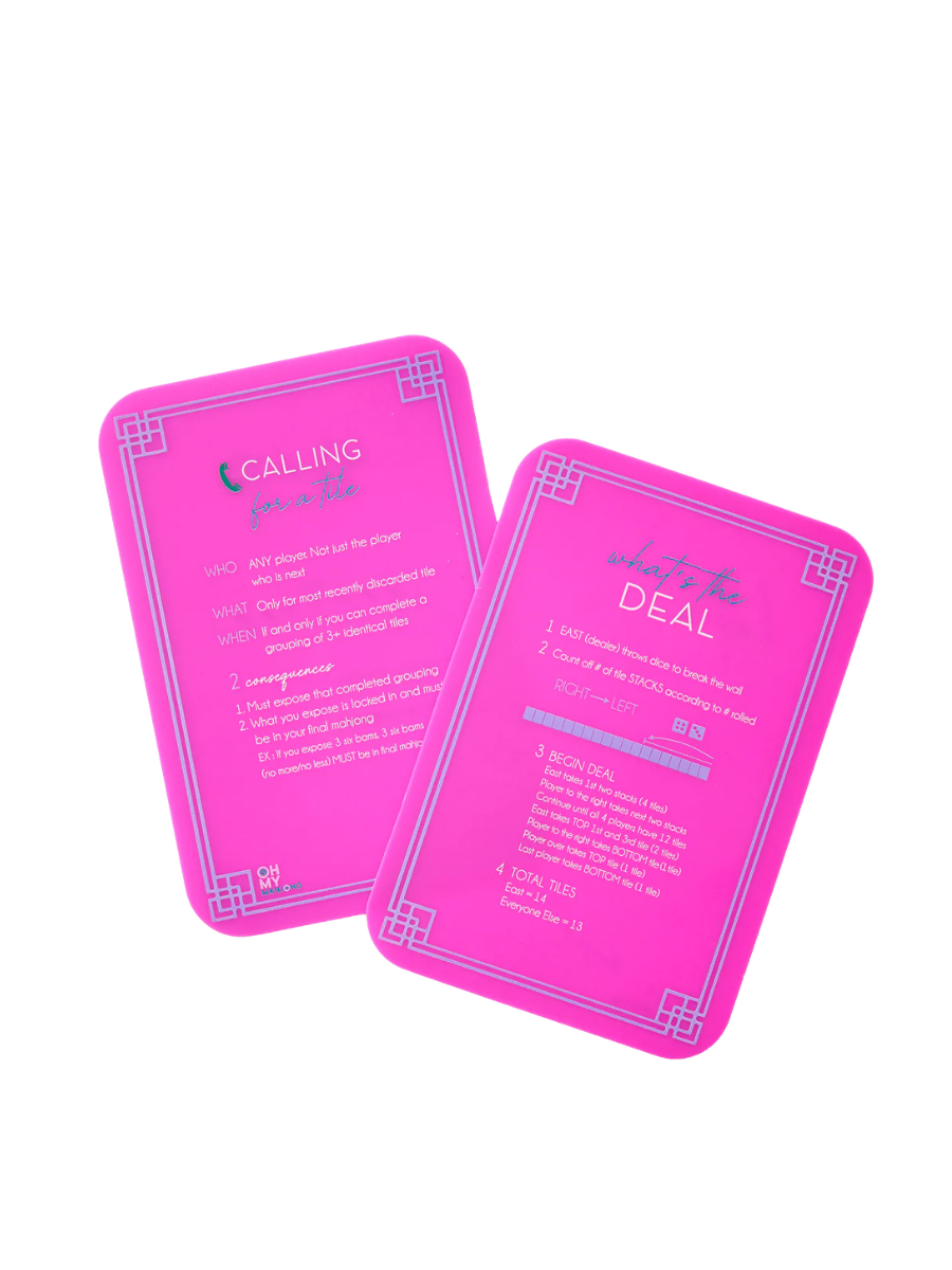 Two pink cards with text on a white background