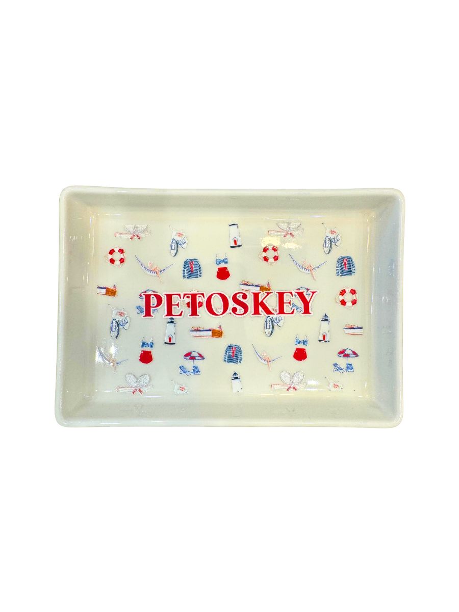 Rectangular tray with 'Petoskey' text and illustrations on a white background