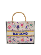 Tote bag with mahjong design and bamboo handle on a white background