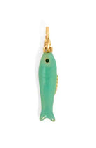 Green fish-shaped pendant with gold chain on a white background
