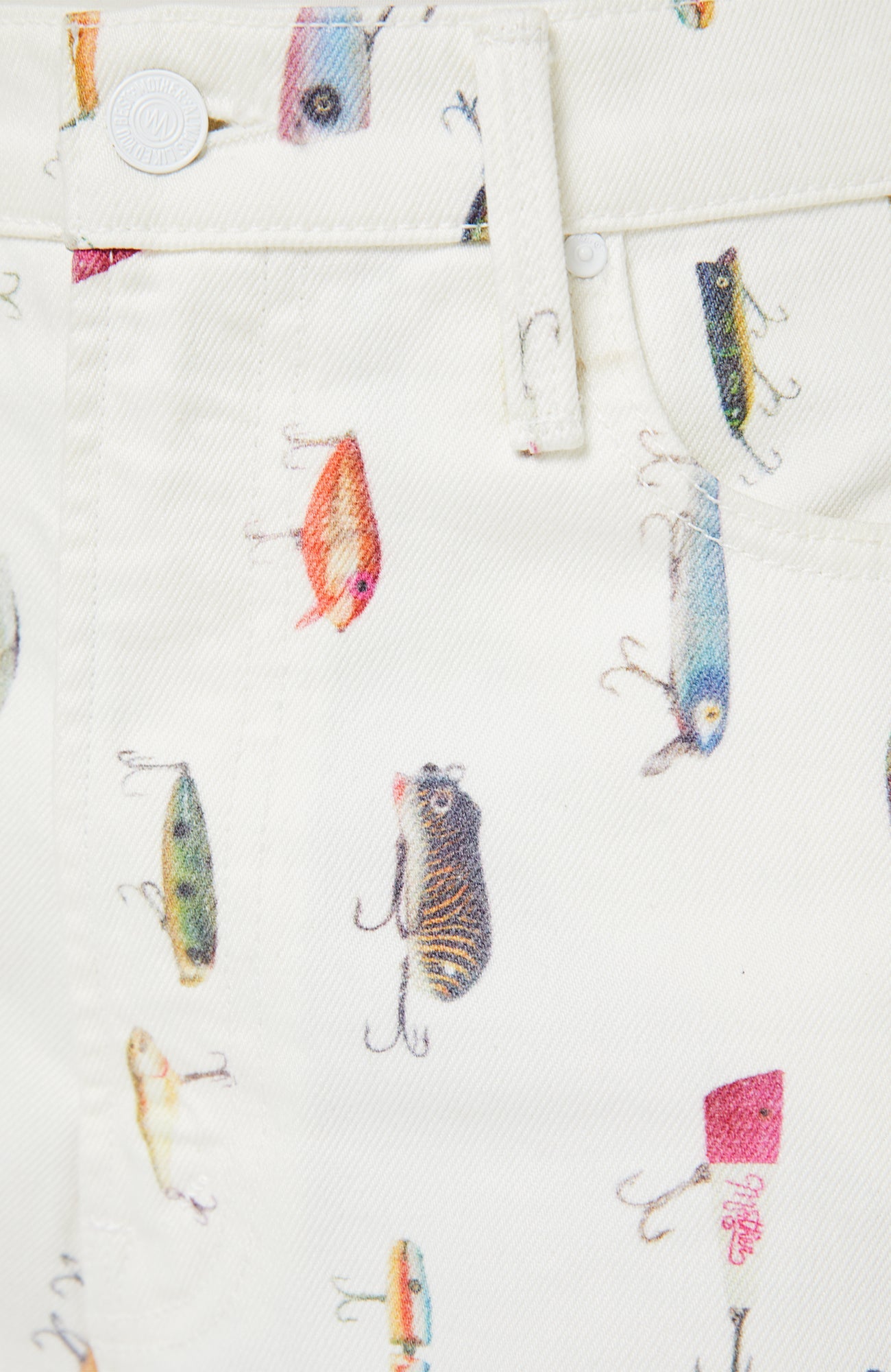 Pattern of colorful fishing lures on a white background