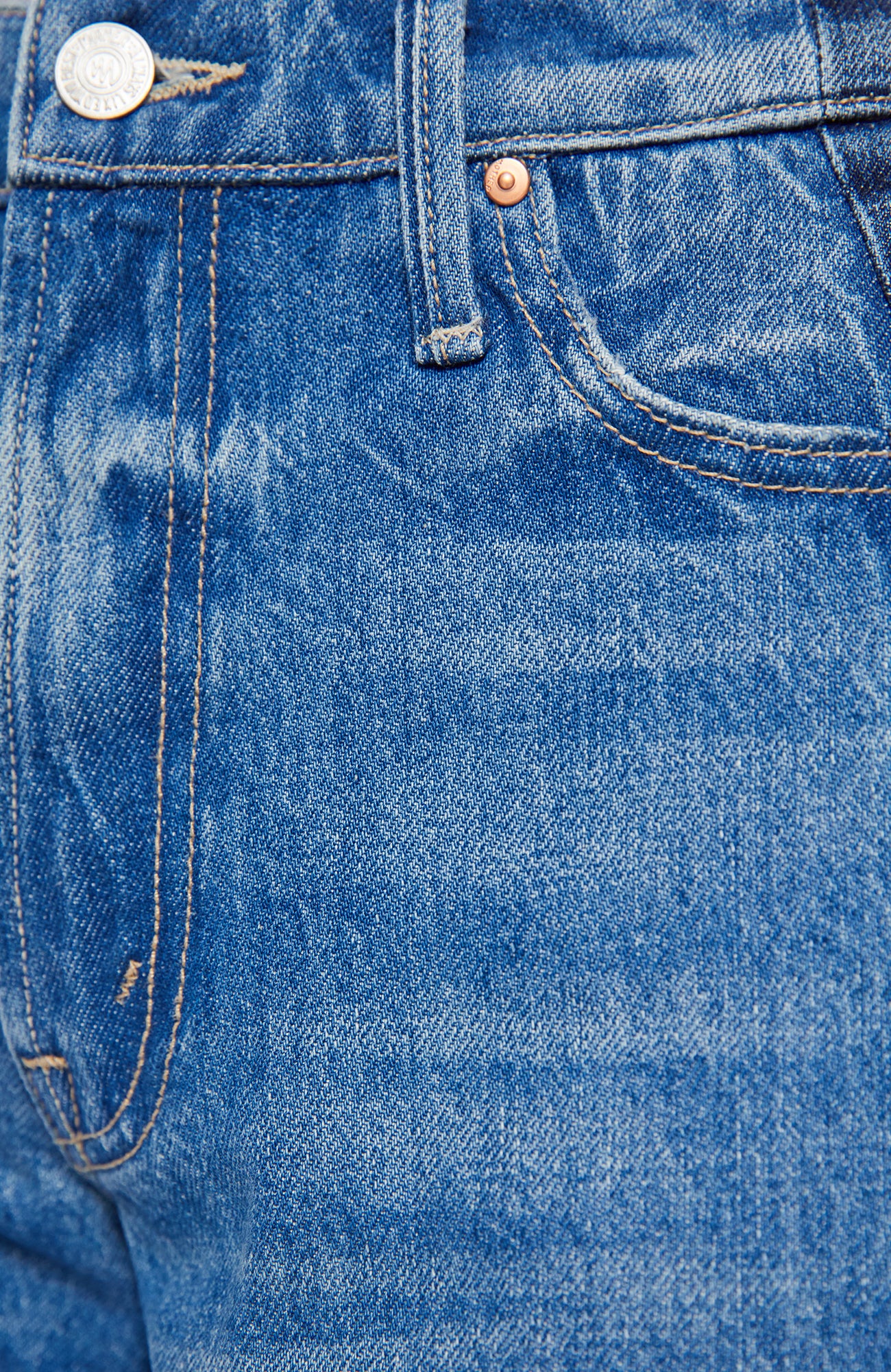 Close-up of blue denim fabric with stitching details