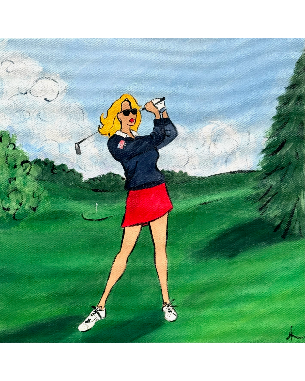 A stylized painting of a woman on a golf course, wearing a navy sweater, red skirt, white shoes, and sunglasses, with a blue sky and green trees in the background.