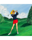 A stylized painting of a woman on a golf course, wearing a navy sweater, red skirt, white shoes, and sunglasses, with a blue sky and green trees in the background.
