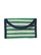 Striped clutch bag with green and white pattern on a white background