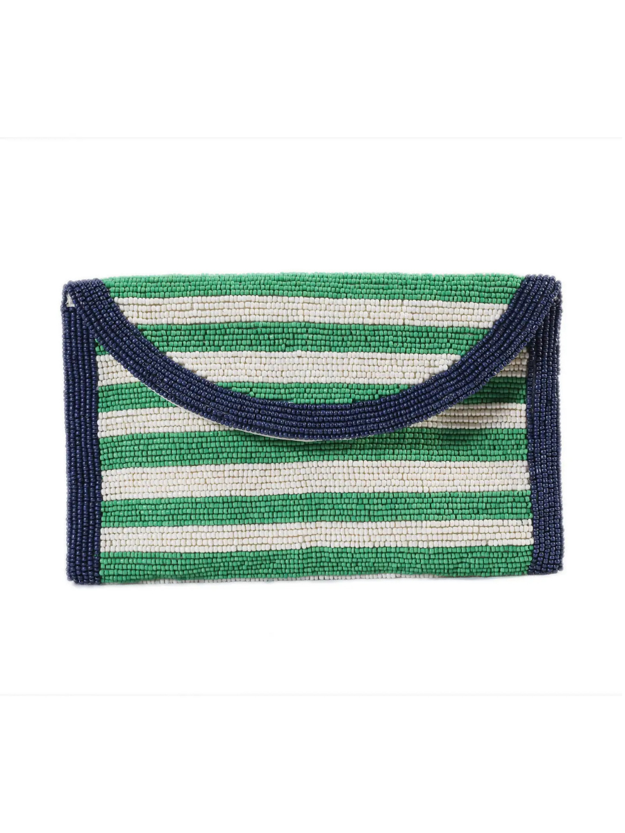 Striped clutch bag with green and white pattern on a white background