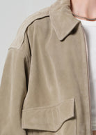 Close-up of a beige jacket with a neutral background