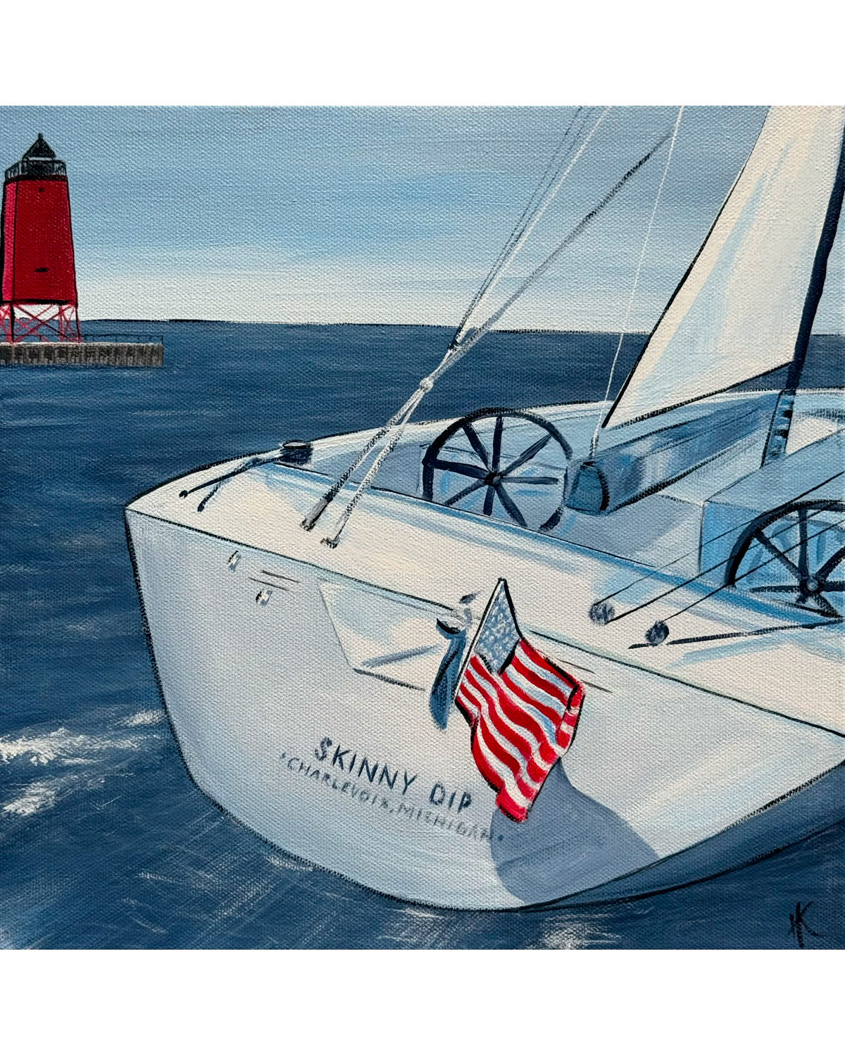 An acrylic painting of a sailboat named 'Skinny Dip' sailing on blue water, with a red lighthouse in the background under a light blue sky.