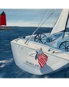 An acrylic painting of a sailboat named 'Skinny Dip' sailing on blue water, with a red lighthouse in the background under a light blue sky.