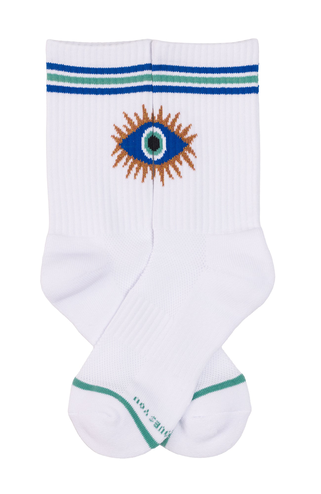 A pair of white crew socks featuring a central embroidered eye design with blue, green, and orange details, accented with blue and green stripes near the top and a green stripe near the toes.