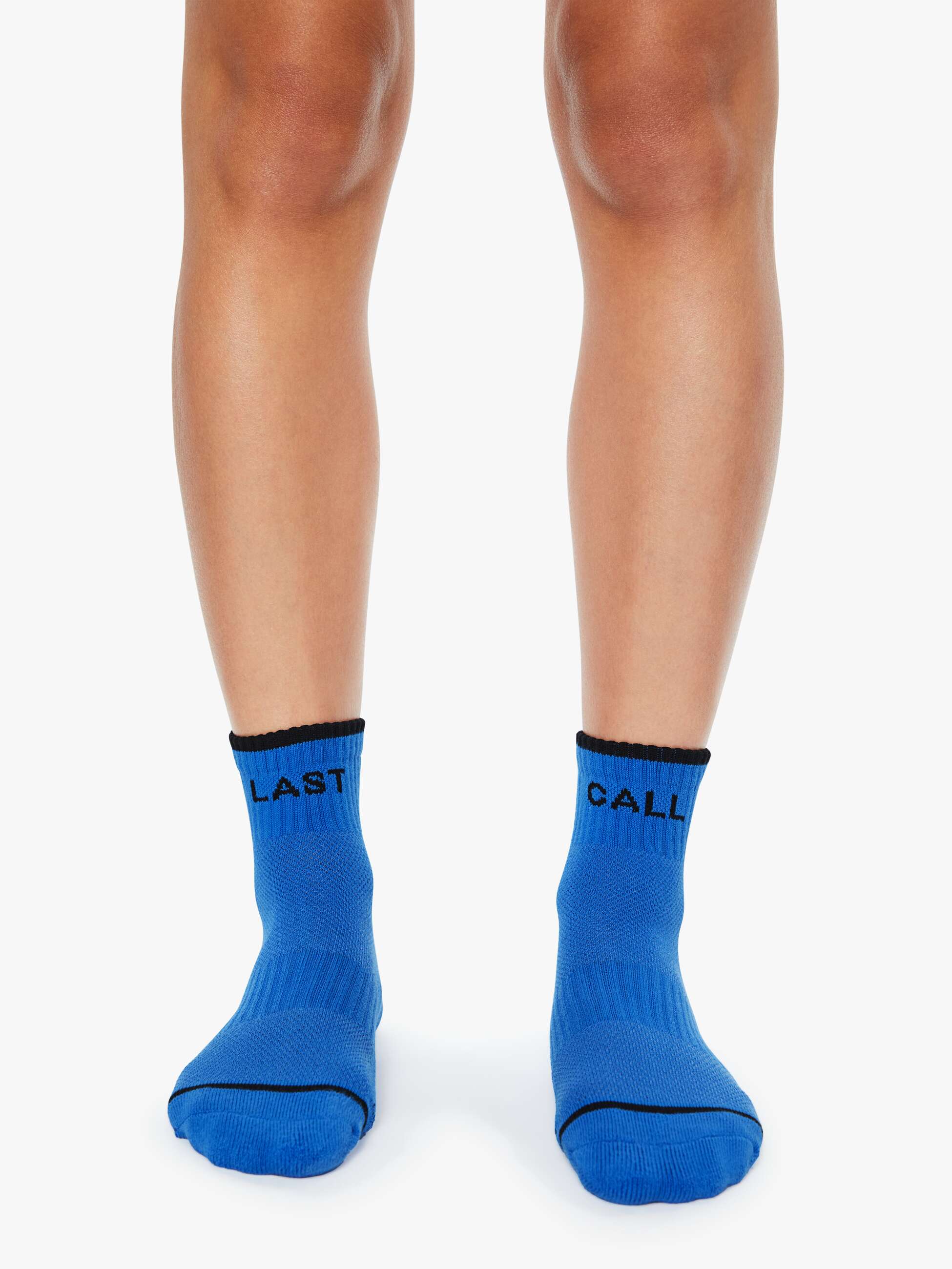 Blue socks with text on a white background