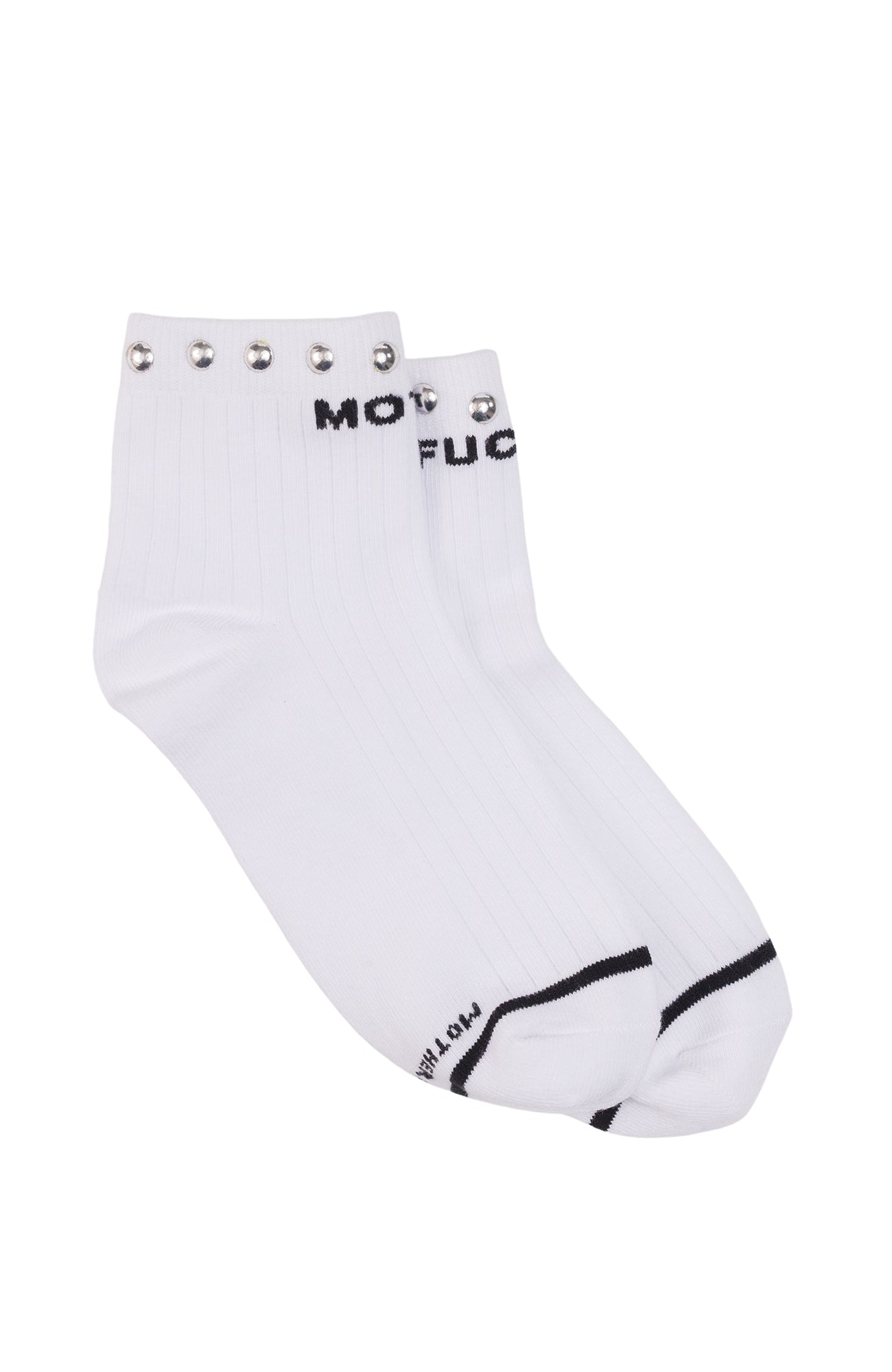 A pair of white ankle socks with silver metal grommets on the ribbed cuffs, black text reading 'MOT FUC' on the side, and a black stripe near the toe, shown on a plain white background.