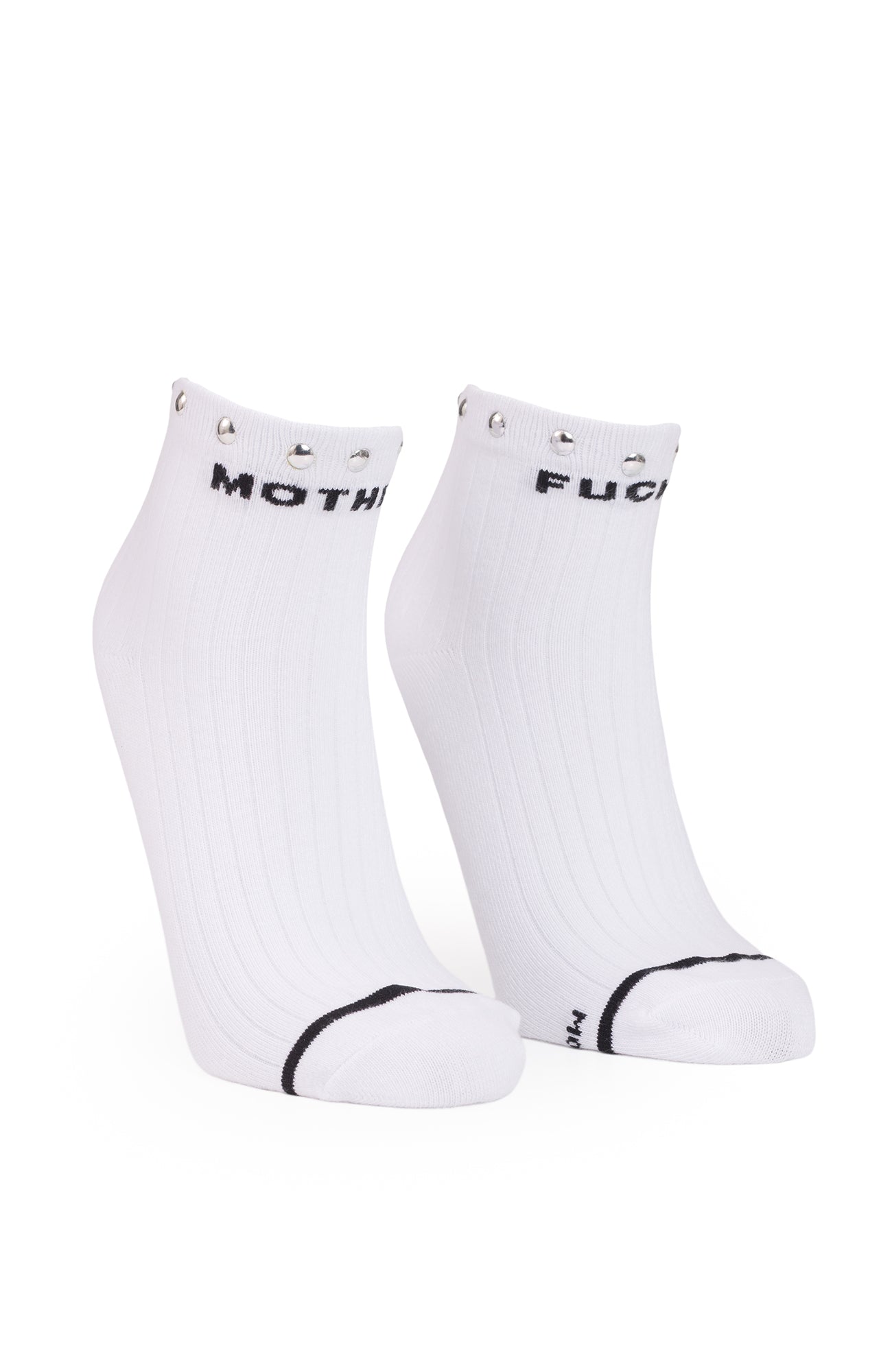 A pair of white low-cut athletic socks with black text reading 'MOTH' and 'FUCK' on the tops, plus black toe stripes, shown on a plain white background.
