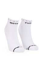 A pair of white low-cut athletic socks with black text reading 'MOTH' and 'FUCK' on the tops, plus black toe stripes, shown on a plain white background.