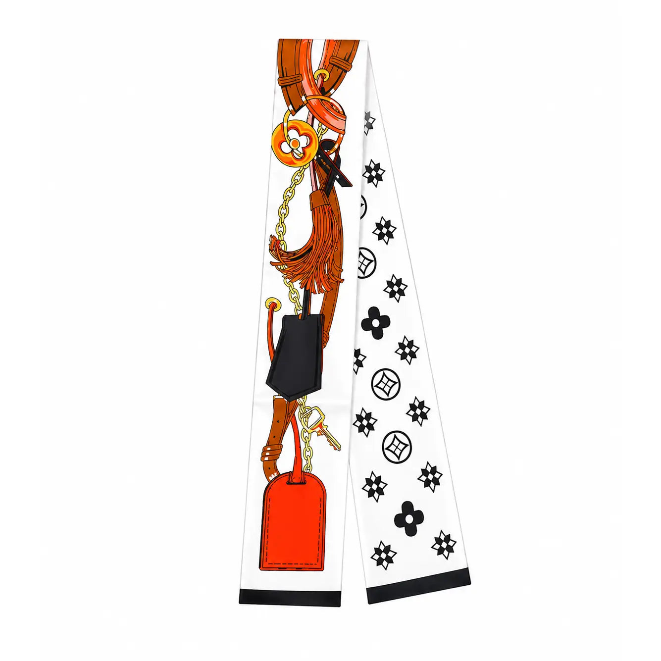 Decorative strap with orange and black design on a white background