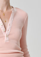 Close-up of a pink ribbed sweater with lace trim on a plain background