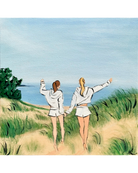 A pastel-style painting of two women holding hands and walking along a path through green grass toward the ocean under a pale blue sky.