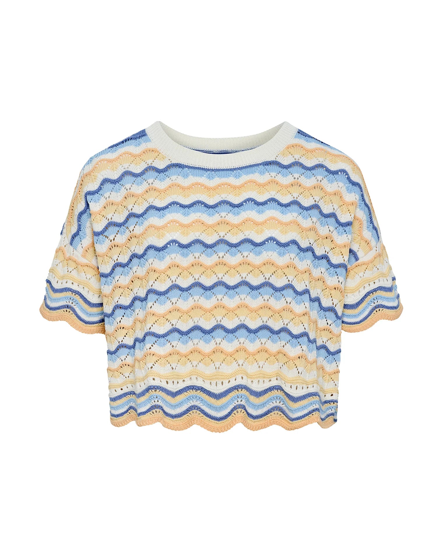 Short-sleeve top with blue and yellow wave pattern on a white background