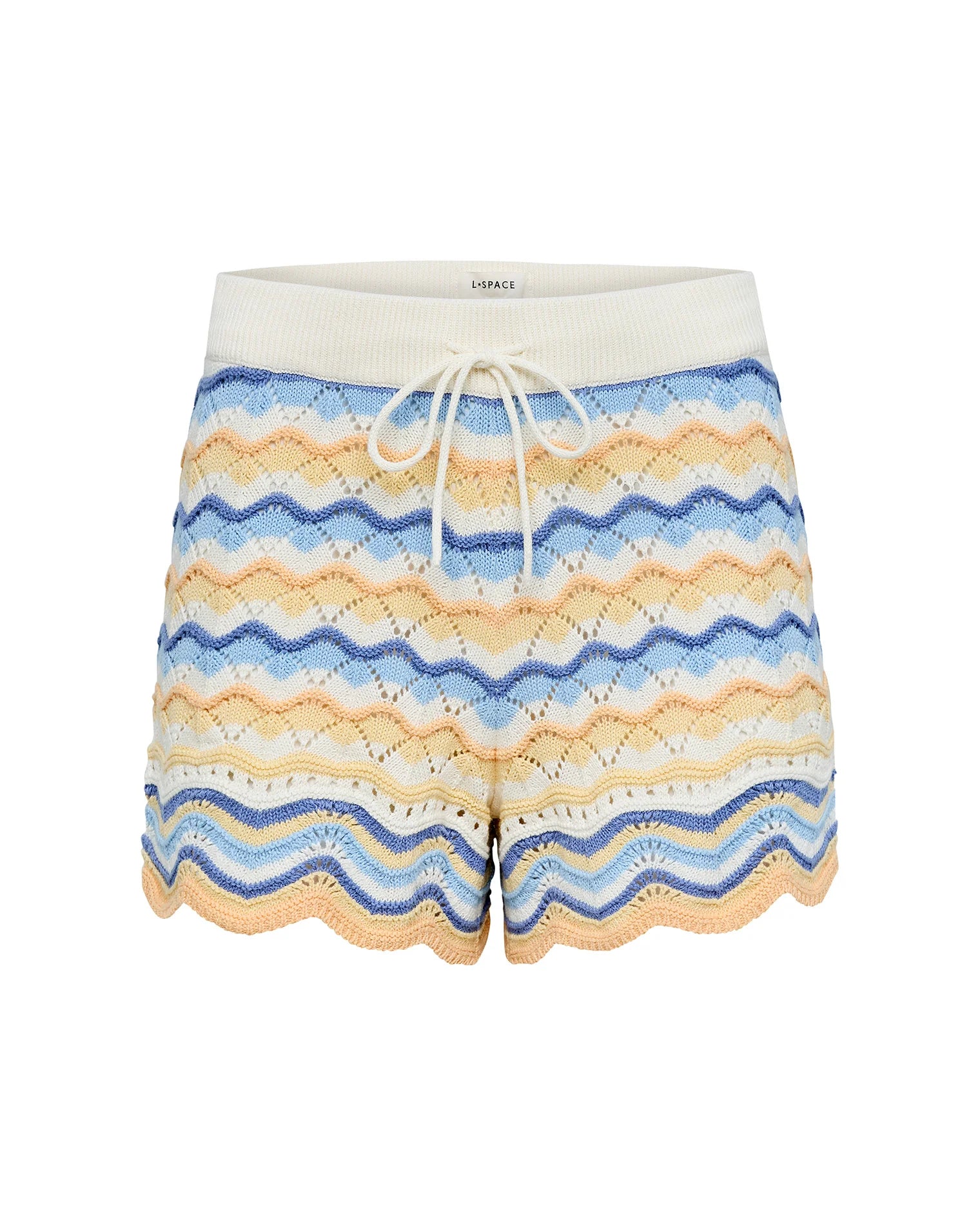Colorful wavy patterned shorts on a white background