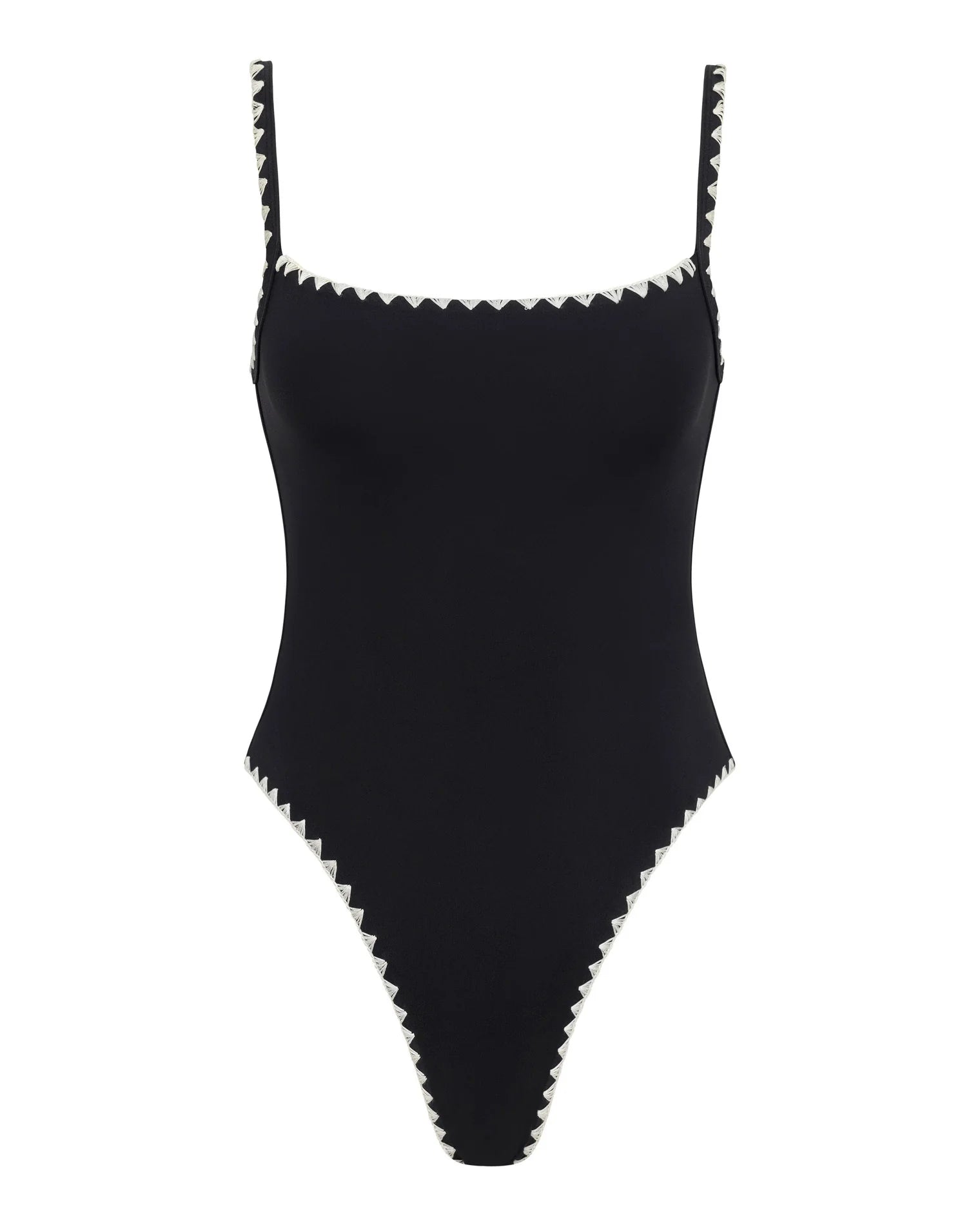 Black swimsuit with lace trim on a white background