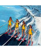An artistic painting of four women water skiing across a blue wave, wearing matching yellow swimsuits and holding ski poles.