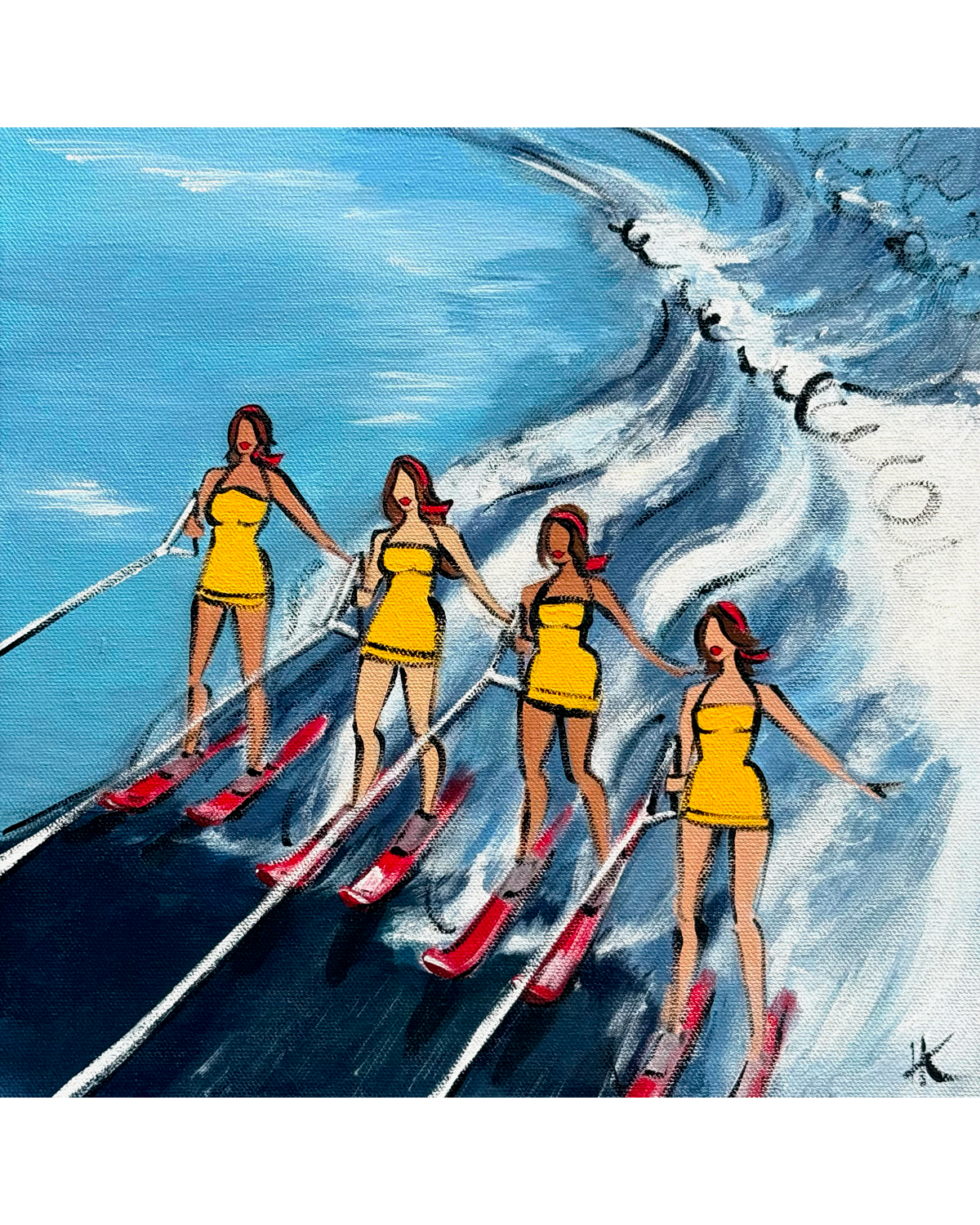 An artistic painting of four women water skiing across a blue wave, wearing matching yellow swimsuits and holding ski poles.