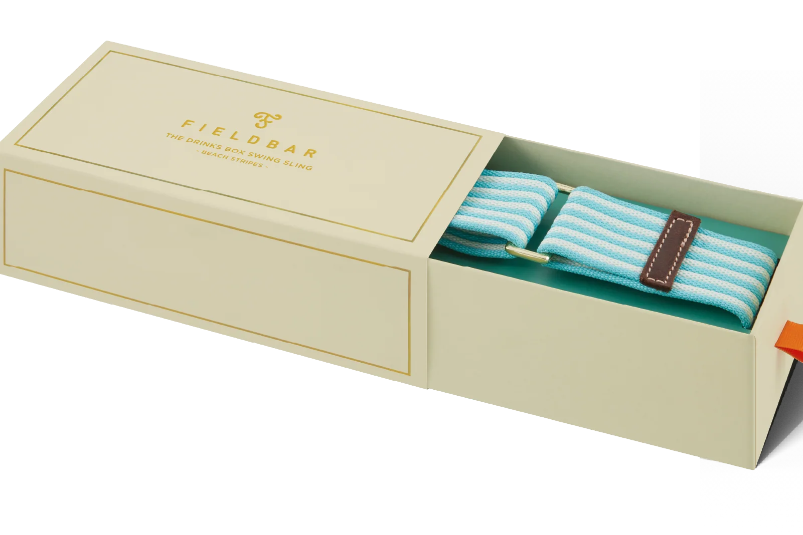 Open beige box displaying a pair of turquoise striped socks with brown accents, branded 'Fieldbar'.