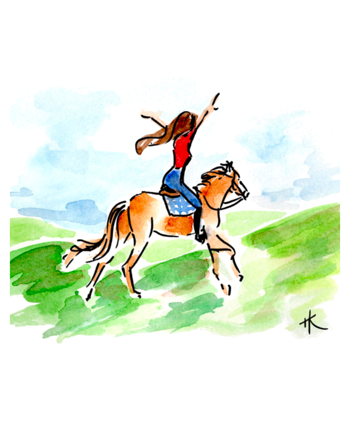 Watercolor painting of a woman riding a horse across green hills under a blue sky, with a small artist signature in the lower right corner.