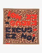 Leopard print scarf with red and black text on a white background