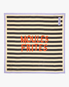 Striped towel with 'MOULES FRIITES' text on a white background