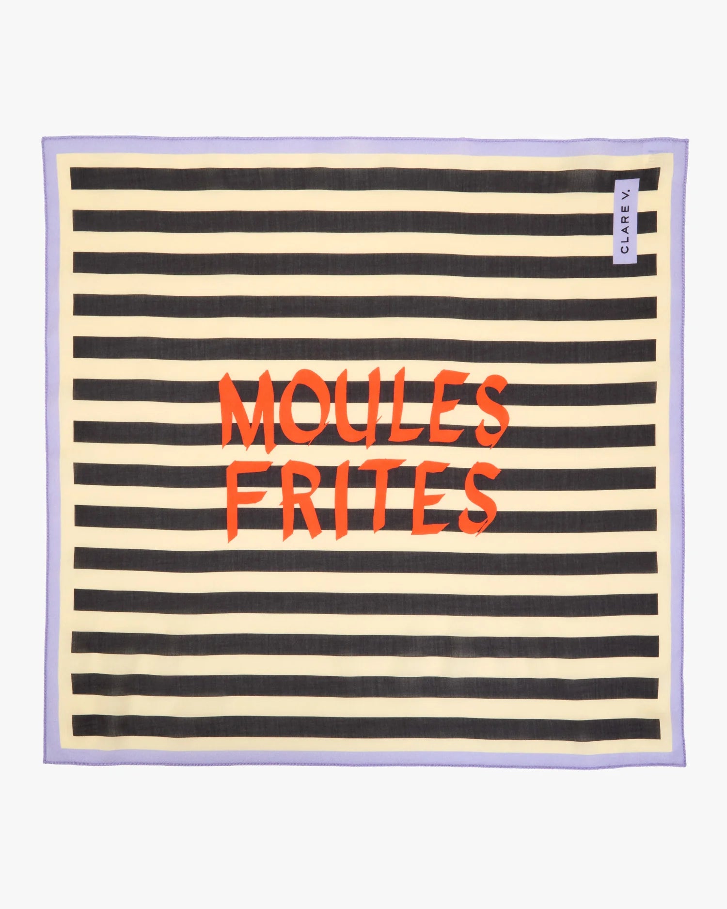 Striped towel with 'MOULES FRIITES' text on a white background