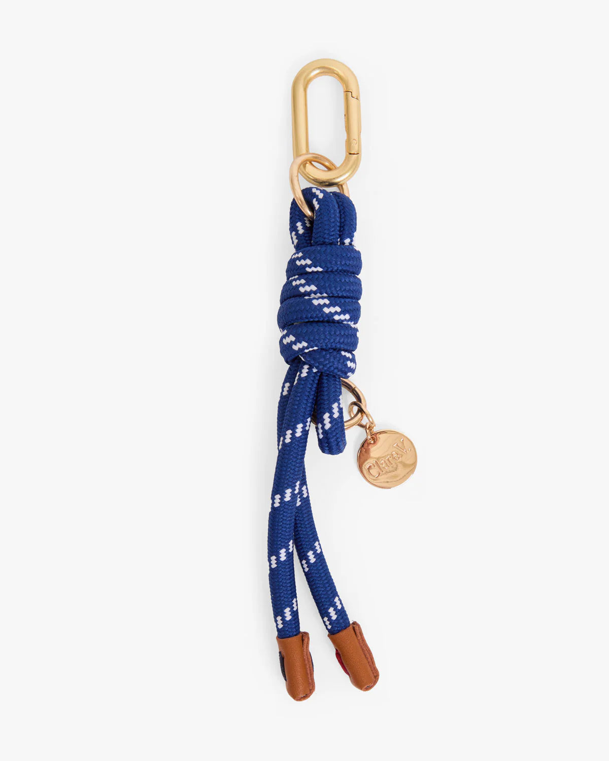 Blue rope keychain with gold carabiner and tag on a white background