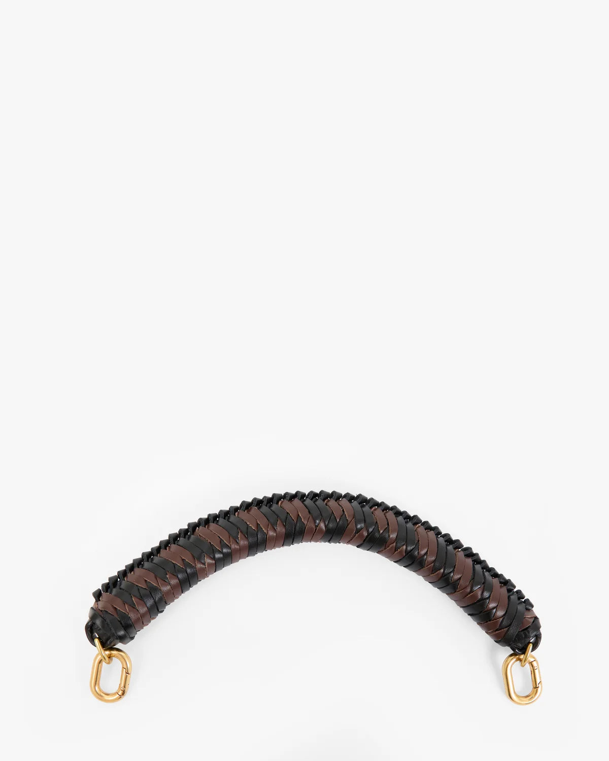 A dark brown and black braided leather wrist strap with gold-tone metal hardware, displayed against a solid white background.