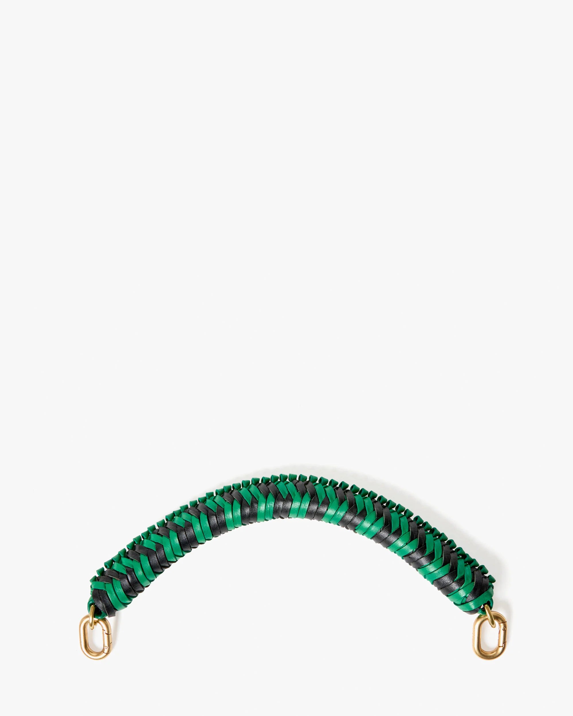 Green and black braided bracelet with gold clasps on a white background