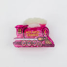 A pink marbled hair claw clip shaped like a steam locomotive train, featuring the text 'HOT MESS EXPRESS' in yellow on the side, set against a plain white background.