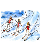 A watercolor and ink fashion illustration of three women skiing down a snowy slope, wearing red and white striped swimsuits, set against a blue watercolor background.