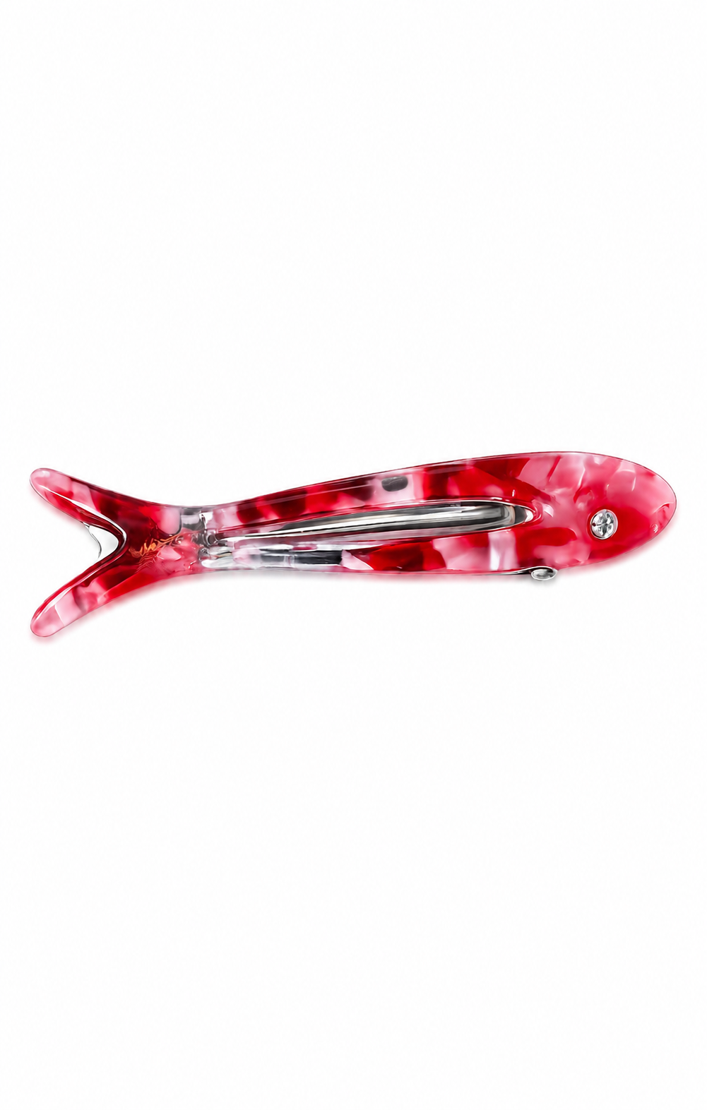 A translucent red and white marbled hair claw clip with silver metal spring bars, shown against a plain white background.